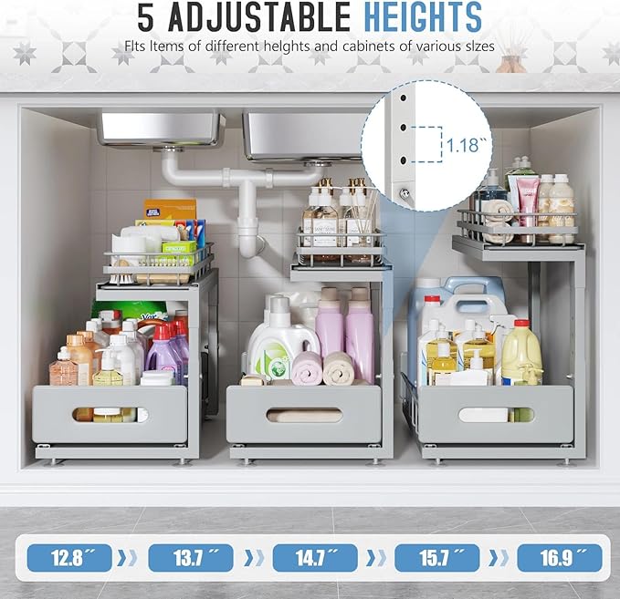 Under Sink Organizer Upgrade To Professional Rails,2-Tier Dual Pull Out Cabinet Storage,Height Adjustable Slide Out Drawers F