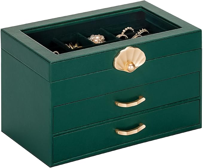 Enthralite Jewelry Box with 2 Drawers: Display Organizer for Earrings Necklaces - Christmas Gifts for Girls Women (Forest Gre