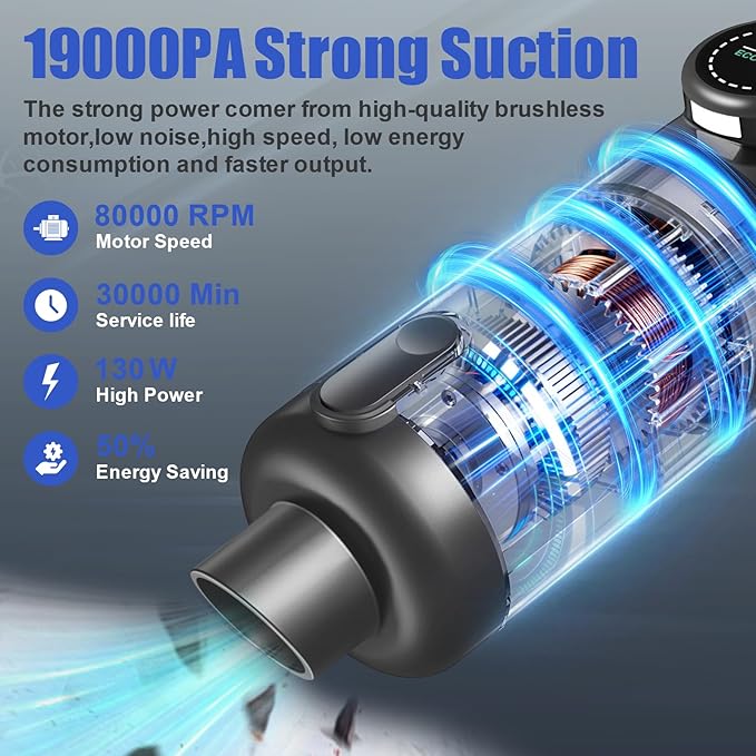 Car Vacuum Portable Cordless-19000 Pa 4 in 1 Handheld Vacuum Cordless Brushless Motor with LED Light and Multi-Nozzles, One-T