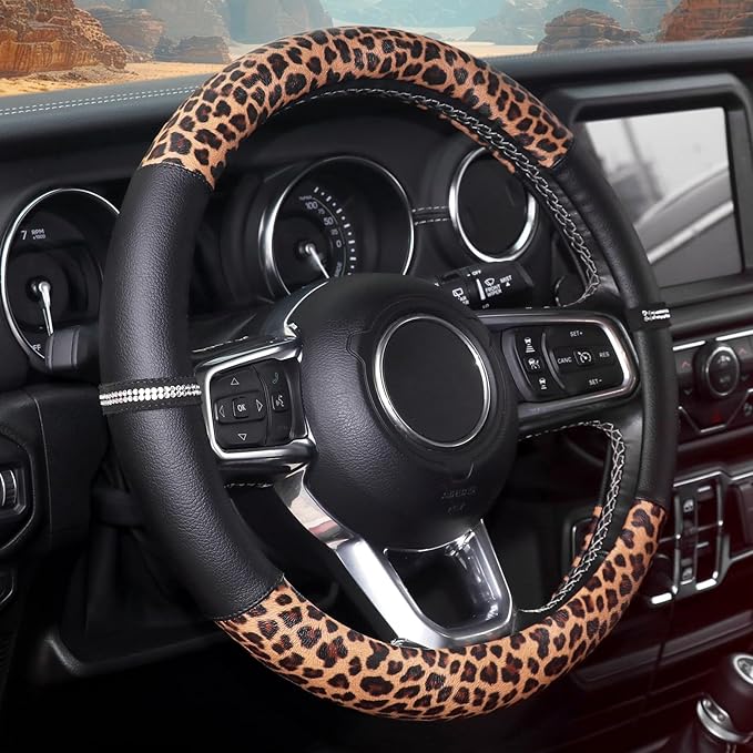 Leopard Steering Wheel Cover Leather 14.5-15 Inch, Bling Rhinestones, Anti-Slip Design, Universal Fit for Cars, SUVs, Cute De