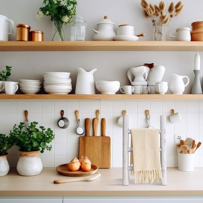 Cinnvoice 2 Pcs Wooden Tea Towel Ladder Rustic Hand Towel Stand Rack Mini Countertop Towel Stand Farmhouse Wood Counter Towel