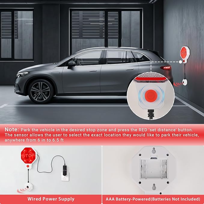 Garage Parking Sensor, Adjustable Garage Car Stop Indicator with Red/Yellow/Green LED Display, Set Stop Distance 6"–6 Ft, Battery (Not Included) or Power Cord Powered (White)