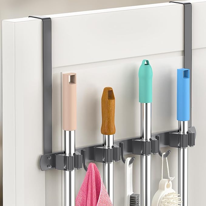 Broom Holder Over The Door-304 Stainless Steel Mop and Broom Holder Wall Mounted or Hanging Over The Door with Hooks - Broom 