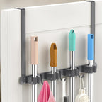 Broom Holder Over The Door-304 Stainless Steel Mop and Broom Holder Wall Mounted or Hanging Over The Door with Hooks - Broom 