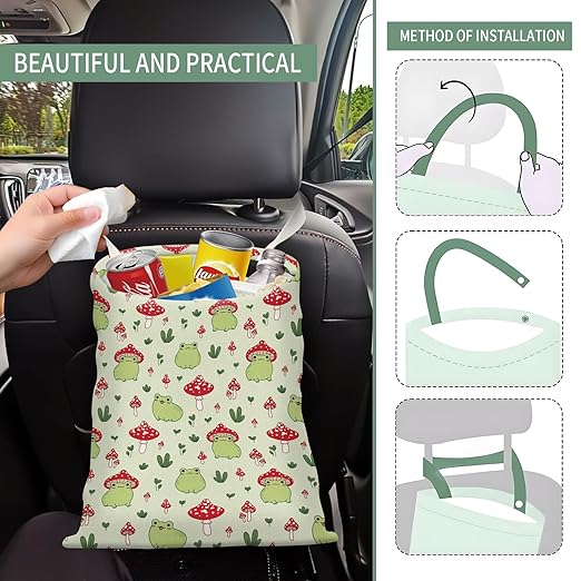 Cute Car Trash Can, Hanging Canvas Car Back Seat Organizer and Storage Bag, Funny Car Trash Bag For Travelling, Outdoor Cute Green Frog Mushroom