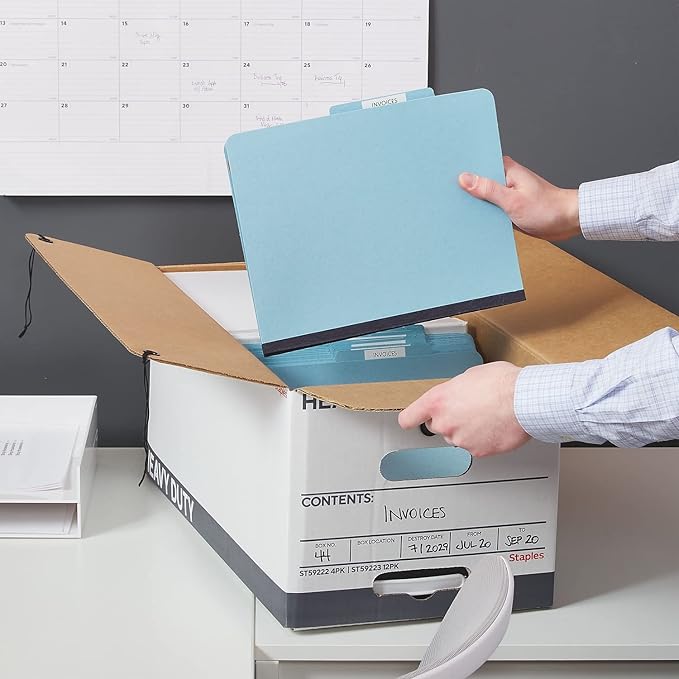 STAPLES Storage & Filing Box, Heavy-Duty with Handles & String-Button Lid, Letter Size Documents, Stackable, 4-Pack, White/Gr