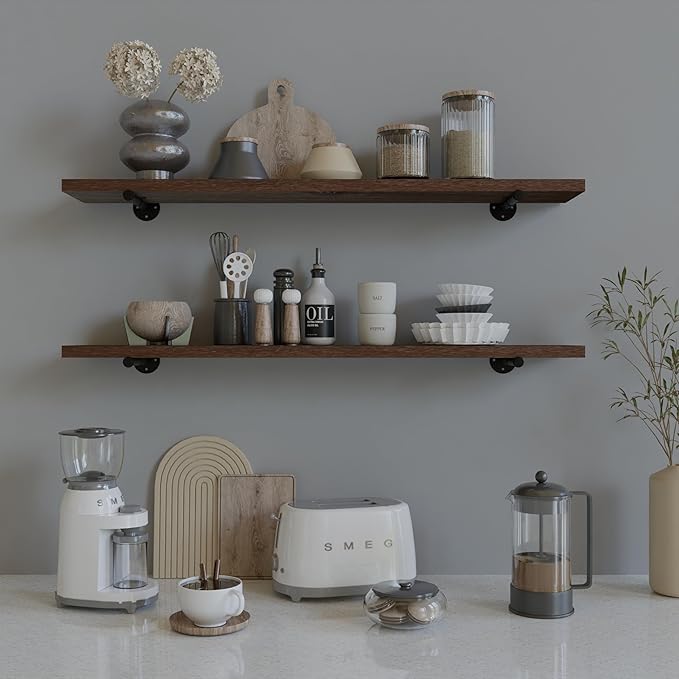 Industrial Pipe Wall Wood Shelves,Real Wooden Shelves 48" in Walnut Color with 1.2" Extra Thickness, Modern Floating Shevles