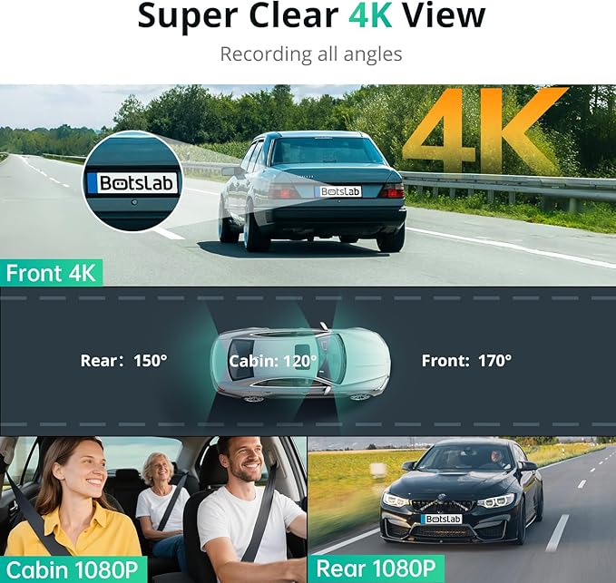 BOTSLAB 3 Channel Dash Cam 4K with ACC Hardwire Kit & 128GB TF Card, 3.18" Touch Screen, Voice Control, 4K Front and 1080P Re