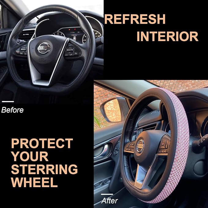 PINCTROT D Shaped Bling Comfy Steering Wheel Cover with Jumbo Crystal Rhinestones, Anti-Slip Diamond Leather, Flat Bottom 14.5-15 Inch (Pink)