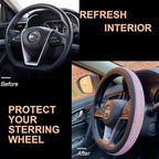 PINCTROT D Shaped Bling Comfy Steering Wheel Cover with Jumbo Crystal Rhinestones, Anti-Slip Diamond Leather, Flat Bottom 14.5-15 Inch (Pink)