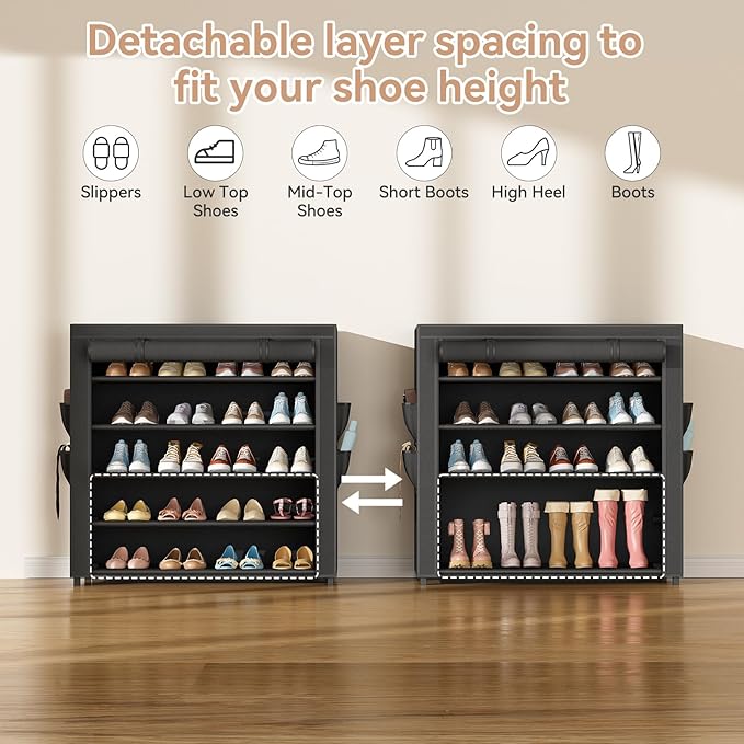 LANTEFUL Shoe Rack with Covers 5 Tier Tall Shoe Rack Organizer Large Capacity Shoe Shelf Storage 20-24 Pairs Space Saving Fre