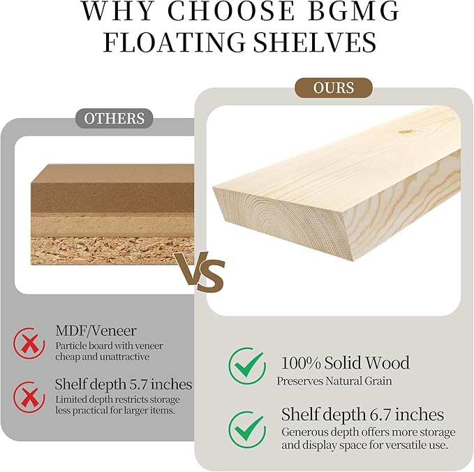 BGMG Wood Floating Shelves for Wall 24 inch,Black Floating Shelves,Solid Wood Wall Mount Shelves for Bathroom Living Room Bed