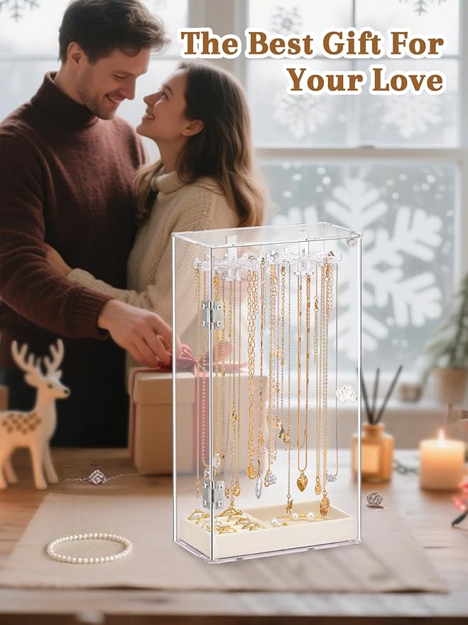 Necklace Holder, Acrylic Necklace Organizer, Rotatable Clear Jewelry Holder Organizer Display Case for Long Necklaces Pendant