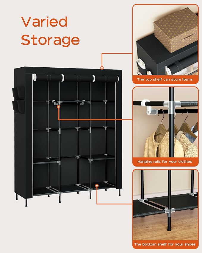 CASAMAYA Portable Closet, 51.2 Inch Large Capacity Wardrobe Closet with Cover, Clothes Storage Organizer with Shelves and 3 H