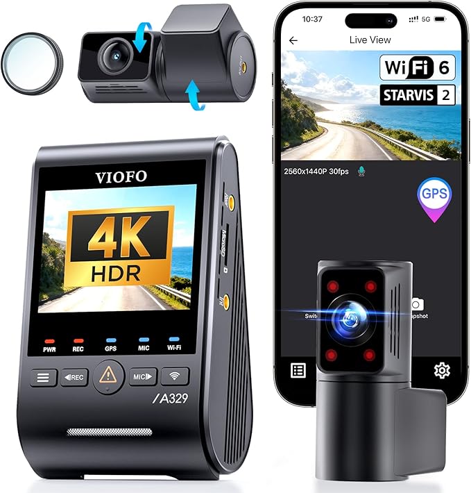 VIOFO A329S 4K 3 Channel Dash Cam, 4K Front + 2K Cabin Fisheye (210°) + 2K Rear, Power Saving Parking Mode, Wi-Fi 6 App Contr