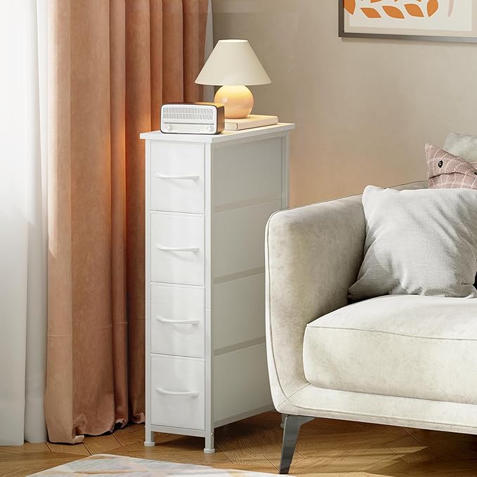 Somdot Narrow Dresser with 4 Drawers, Slim Storage Organizer Chest of Drawers with Removable Fabric Drawers for Small Spaces 