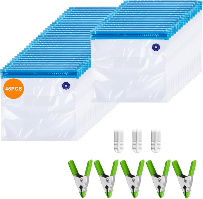 Reusable Sous Vide Bags 53Pcs BPA-Free, Ideal for Freshness Preservation, 45 Zipper Bags, 3 Seal Clips ＆ 5 Cooking Clips, Hea