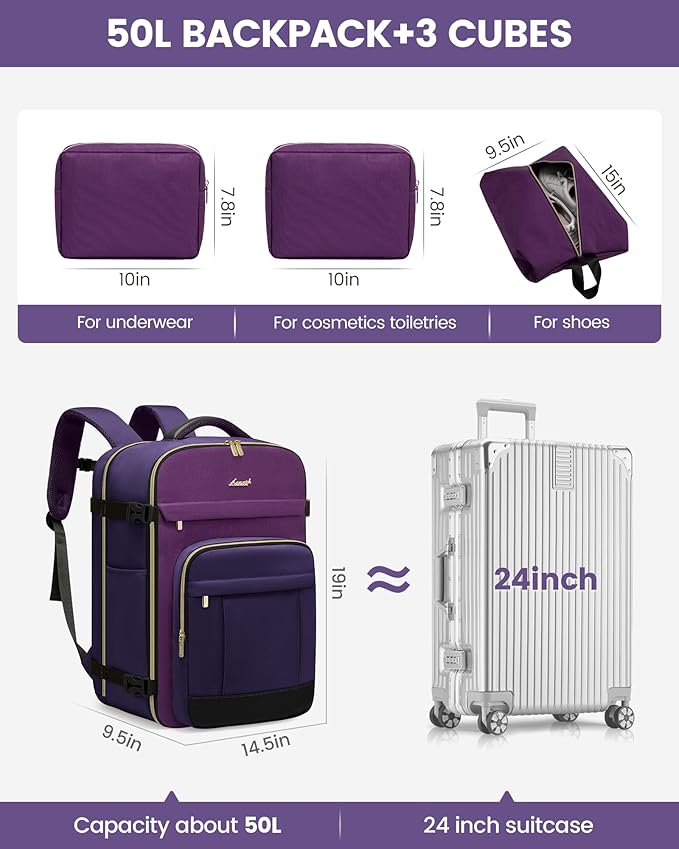 LOVEVOOK 50L Travel Backpack for Women & Men - 18 Inch Carry On Backpack & Personal Item Backpack for Airlines, Spacious and 