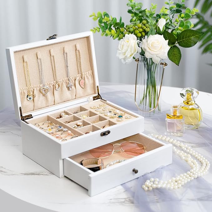 Pinzoveco Jewelry Box for Women, Rustic Wooden Jewelry Organizer Box for Storage Earrings Rings Necklace Bracelet, Farmhouse 