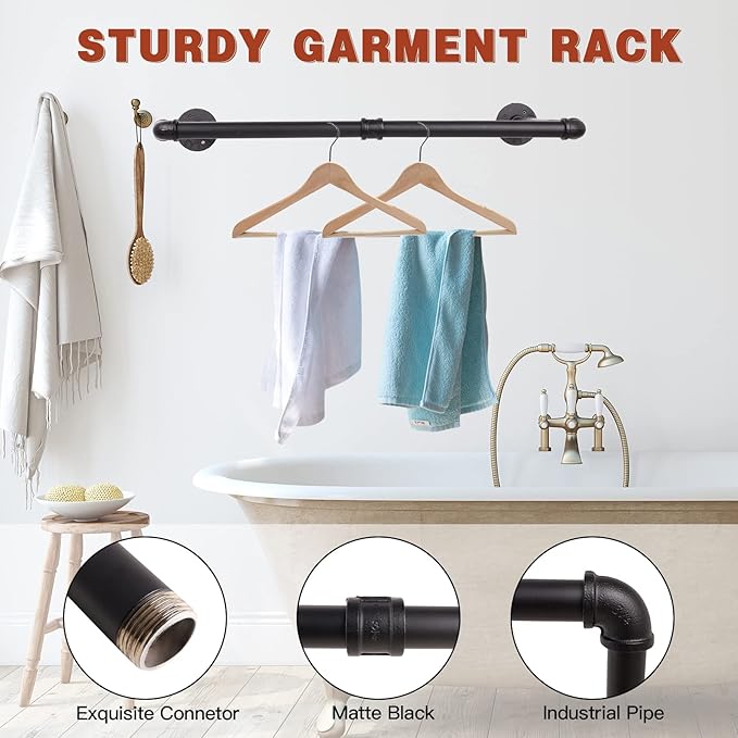 Wall Mounted Clothes Rack - 36" Industrial Pipe Clothing Garment Rack, Space - Saving Heavy Duty Detachable Black Iron Clothe
