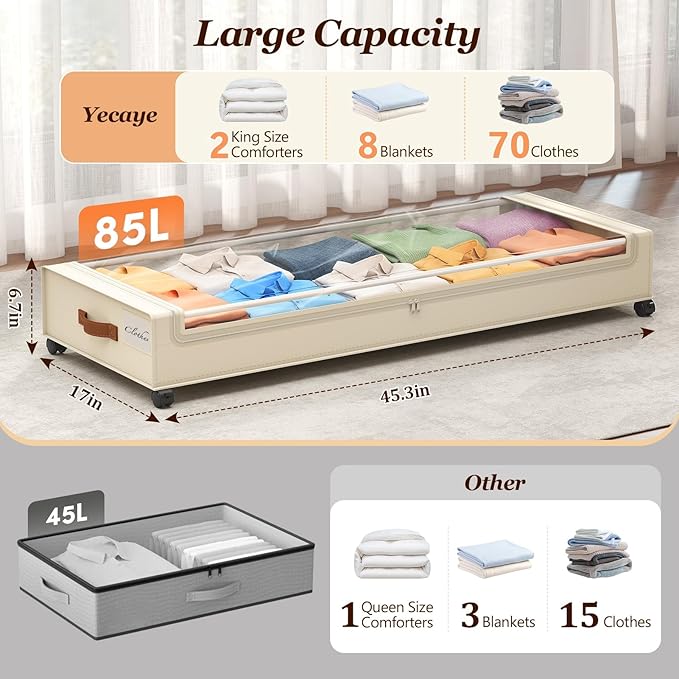 Yecaye Under Bed Storage with Wheels 2 Pack, 85L Extra Large Under Bed Storage Containers with Metal Frame & Clear Lid, Rolli