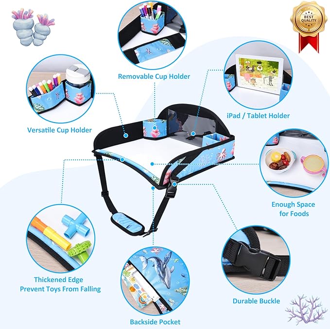 Kids Travel Tray for Toddler Carseat, Road Trip Activities Essentials for Toddler, Kids Lap Desk Tray with Tablet Holder Stand ＆ Dry Erase Board (Whale)