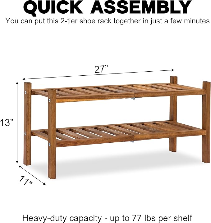 VICTORY RELAX Natural Acacia Wood 2-Tier Folding Shoe Rack – Space-Saving Wooden Shoe Organizer Shelf for Entryway, Hallway, 