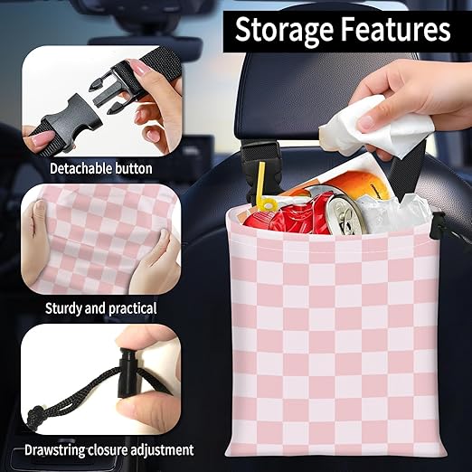 Car Trash Bag Large Hanging Can for Back of Seat, Cute Waterproof Car Garbage Bag for Vehicle, Travelling, Outdoor Pink White Checkerboard