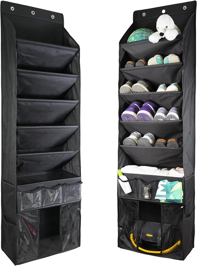 3in1 Over The Door Shoe Organizer with 5 Slanted Compartments,Removable Storage Bin & Transparent Pockets,Thickened Waterproo