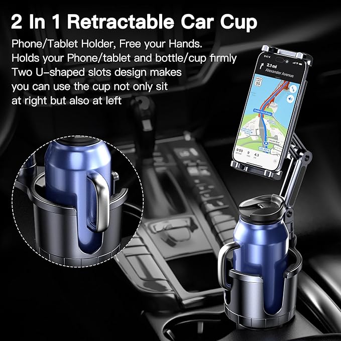 Cup Holder Phone Tablet Mount, 2 in 1 Car Cup Holder with Expander Adjustable Long Arm for Car,360°Rotation Phone Tablet Mount Compatible for iPad, All Smartphones and Most Bottles