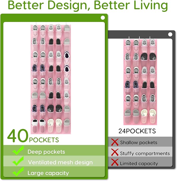Unjumbly Over the Door Shoe Organizer with 40 Large Breathable Mesh Pockets, Space Saving Shoe Holder, Hanging Shoe Rack for 
