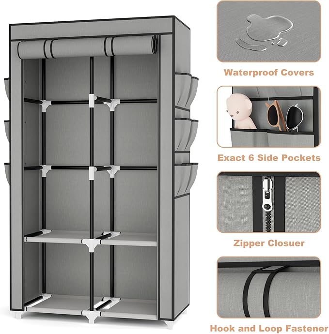 VTRIN Portable Closet Wardrobe for Hanging Clothes with 4 Storage Shelves, 2 Hanging Rods and 6 Pockets, Stable and Easy Asse