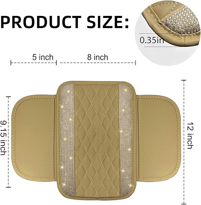 NBTEPEM Bling Beige Car Center Console Cover, Leather Car Arm Rest Cover with 2 Storage Bags, Universal Auto Armrest Protector Storage Box, Bling Accessories Interior for Most Vehicles