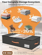 2-Pack Under Bed Storage Bins with Wheels and 6 Vacuum Seal Bags, Heavy Duty 80lbs Capacity, 65L Clear Lid Organizer for Dorm