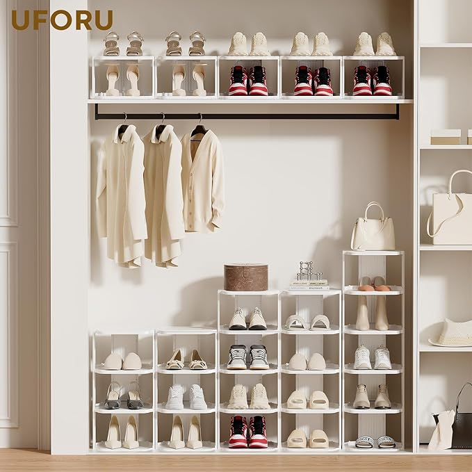 Vertical Shoe Rack, 9-Tier Plastic Stackable Storage Shelf for Small Closets and Narrow Spaces, Compact Free Standing Shoe Ra