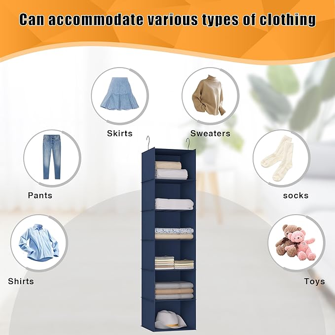 Hanging Closet Organizer and Storage 6-Shelf, Easy Mount Foldable Hanging Closet Wardrobe Shelves, Clothes Handbag Shoes Acce