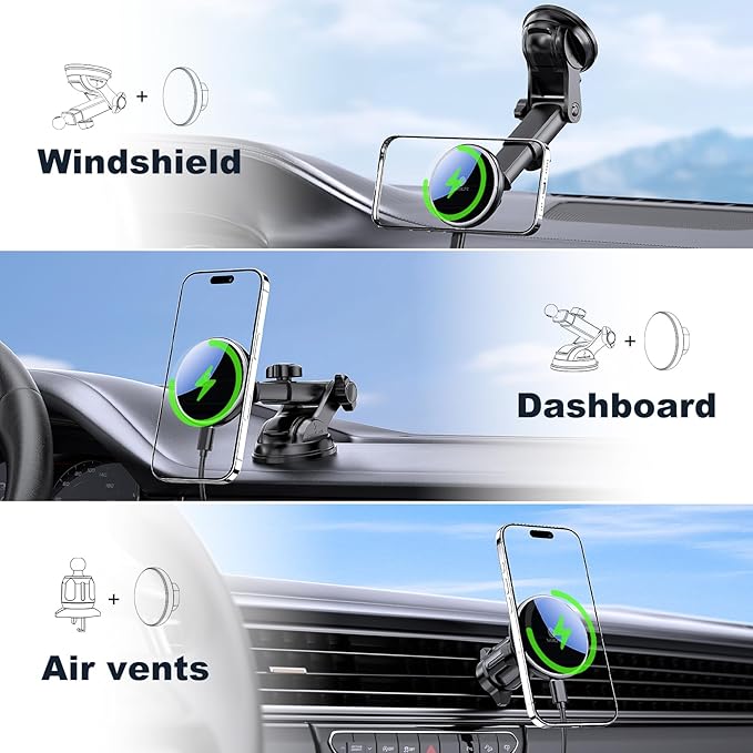MOKPR Only for iPhone Magsafe Car Mount Charger, Magnetic Phone Holder for Your Car Charger Dash Windshield Vent Magnetic Wireless Car Charger Mount for iPhone 17 16 15 14 13 12
