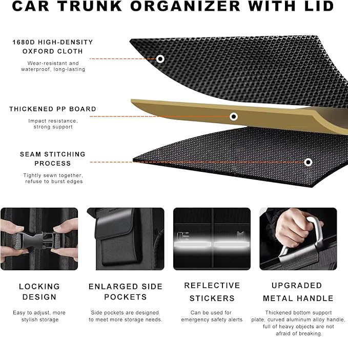 Car Trunk Organizer, 52L Collapsible Car Storage Waterproof Trunk Organizer with Lid & Handle, Multi Compartment Oxford Cargo