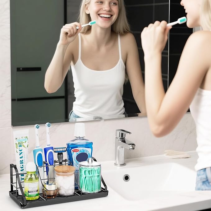 Bathroom Countertop Organizer - Detachable 7 Slots Kids Electric Black Toothbrush and Toothpaste Holder Drainage Tray for Bat