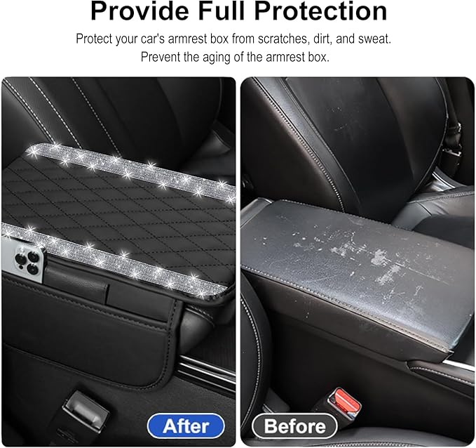 NBTEPEM Bling Car Center Console Cover, Leather Car Arm Rest Cover Cushion with 2 Storage Bags, Universal Auto Armrest Protector Storage Box, Bling Accessories Interior for Most Vehicles (Silver)