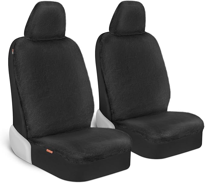 Carbella Sheepskin Car Seat Covers, 2-Pack Faux Fur, Front Seats Only, Cute Automotive Seat Covers For Cars (Black)