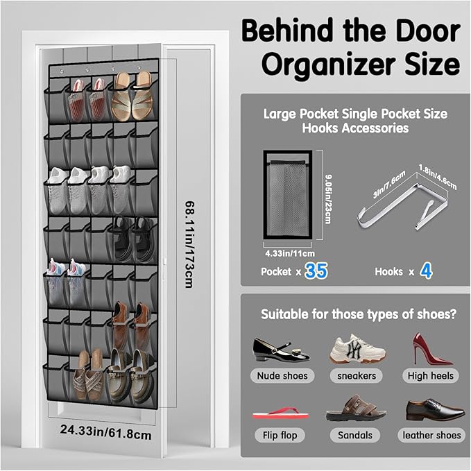 Kotkn 35 Compartment Over The Door Storage - Breathable Mesh Hanging Organizer with Large Pockets, Space Saving Design for Me