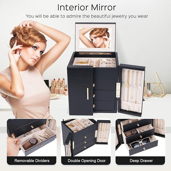 Dajasan Large Jewelry Box for Women, Jewelry Organizer Box with 3 Drawers, Jewelry Storage Organizer with Mirror for Necklace