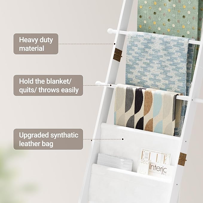 ELYKEN Blanket Ladder, 5-Tier Farmhouse Wooden Rack with Synthetic Leather Pocket, 4 Removable Hooks, Decorative Leaning Ladd