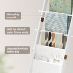 ELYKEN Blanket Ladder, 5-Tier Farmhouse Wooden Rack with Synthetic Leather Pocket, 4 Removable Hooks, Decorative Leaning Ladd