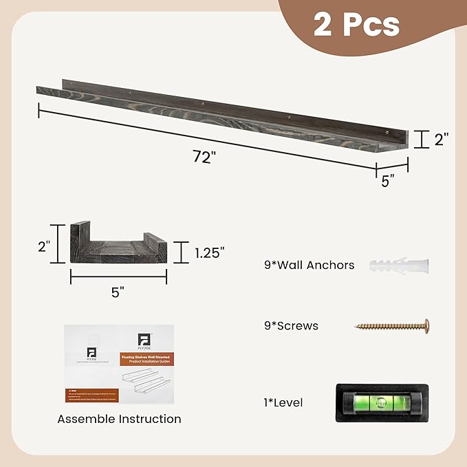 Picture Ledge Shelf, Floating Shelves Set of 2, Solid Pine Wood 72'' Long Large Nursery Book Shelves for Toys Storage, Kids B