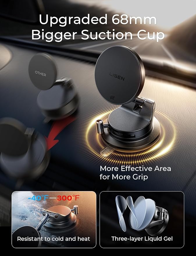 LISEN Qi2.2 25W Magsafe Car Mount Charger,[More Stable & Faster Charging] Suction Cup Phone Mount, Wireless Car Charger 25W for iPhone 17 16 Samsung Galaxy S26 Ultra,15W for iPhone 17e 15 14 13 12