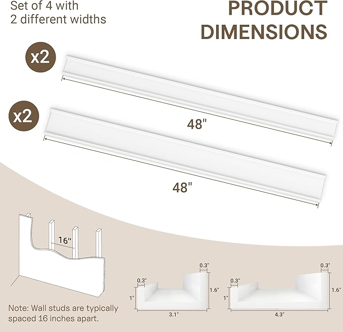 Fun Memories Picture Ledge Shelves Set of 4-48 Inch Shelves with Lip - Large Nursery Bookshelf for Storage - Floating Shelf W