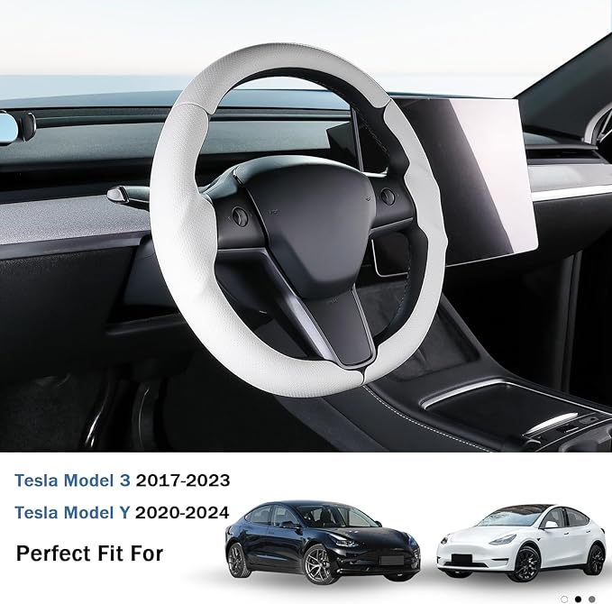 Steering Wheel Cover for 2017-2023 Tesla Model 3 2020-2024 Tesla Model Y, Leather Steering Wheel Cover for Tesla Model 3/Y Accessories, White