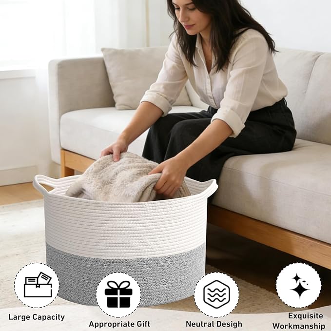 65L Large Woven Cotton Rope Blanket Basket with Handles, Laundry Hamper Storage Bin for Pillows, Comforters,Clothes, Bedroom 